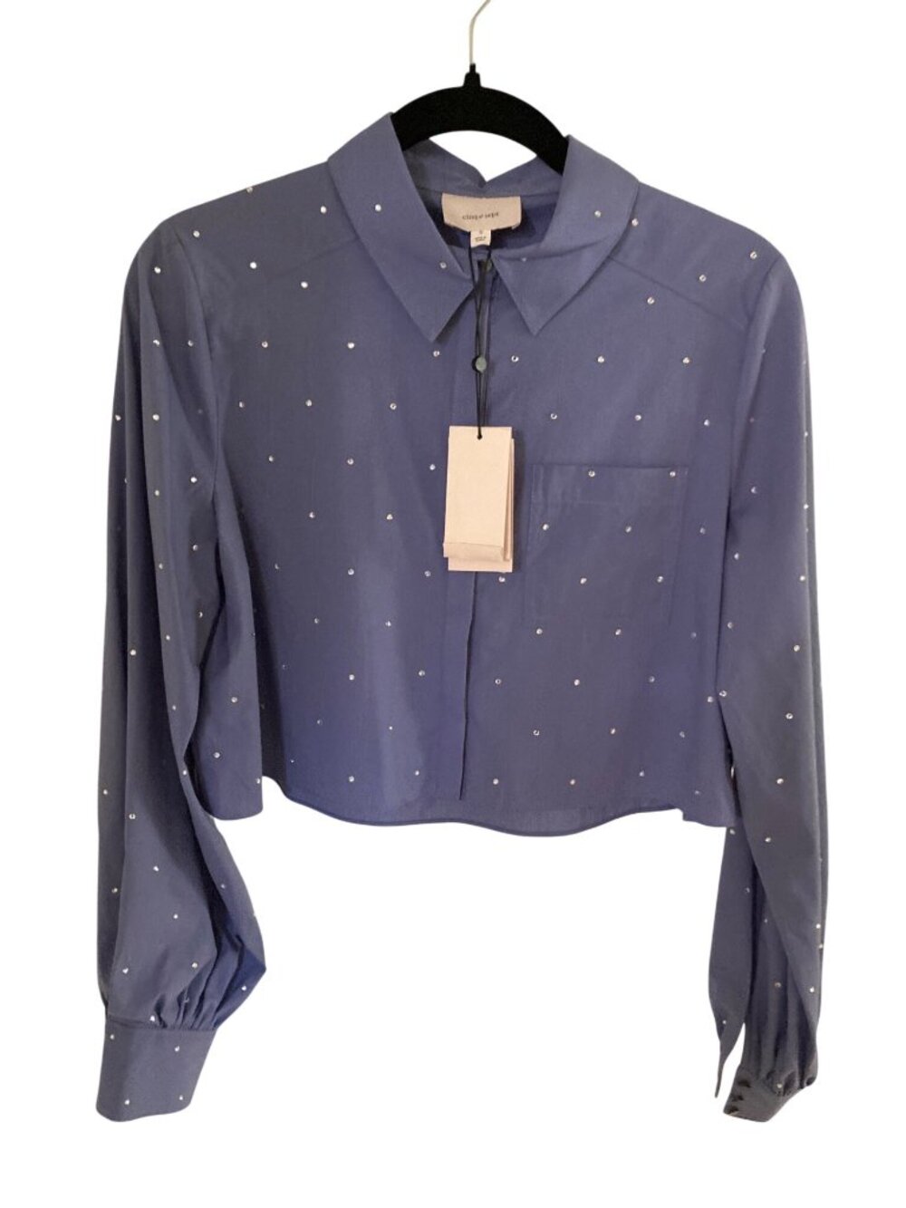 Cinq a Sept Cropped Sequin Collar Blue Long Sleeve Button  Designer Small NWT